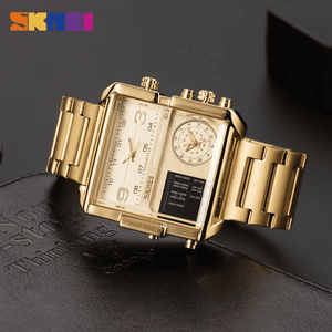 Skmei - 1584(chain) - Sports Quartz Waterproof Tiple time - Gold-Steel image 2