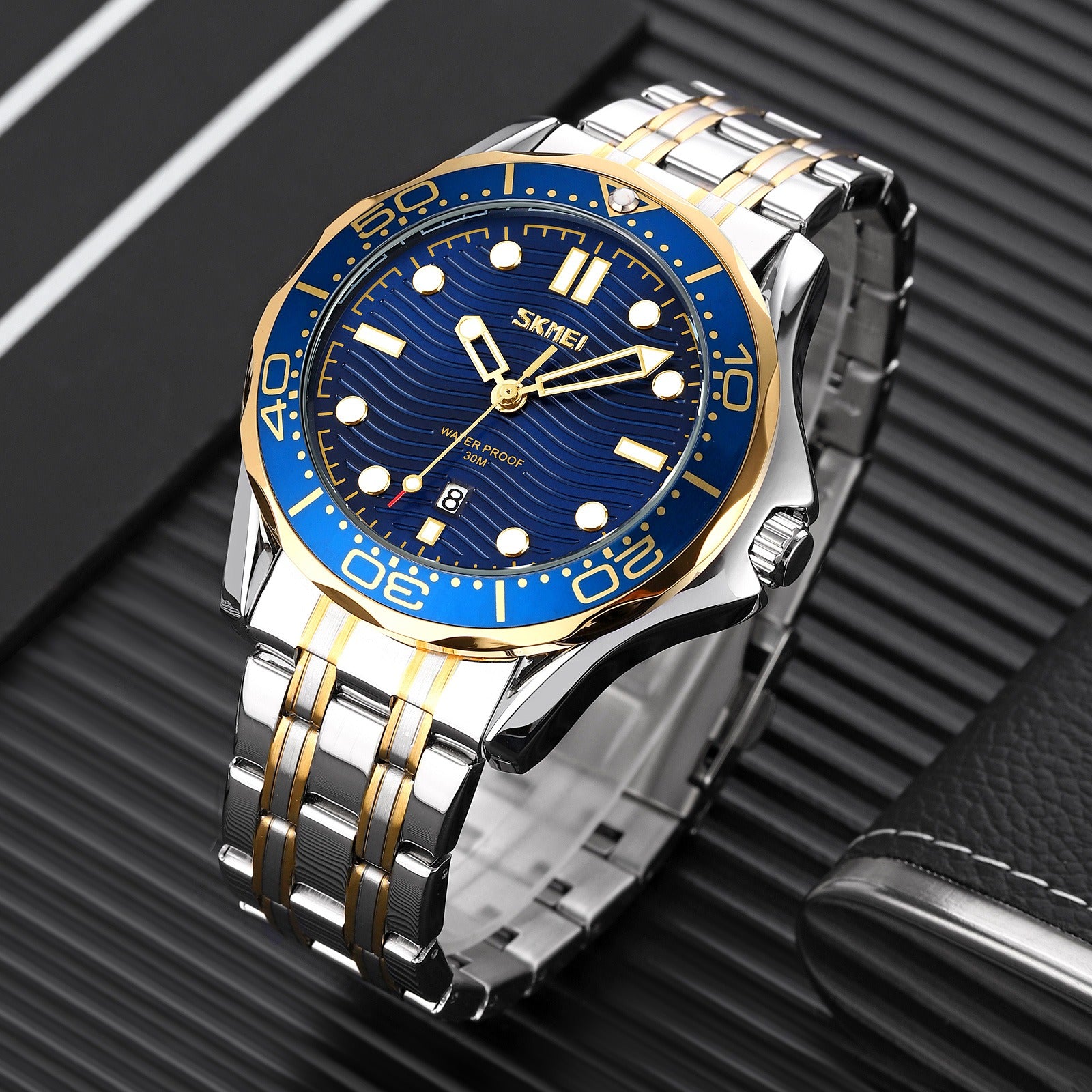 Skmei - 9276 - Quartz Casual Luxury Business Analog Watch - silver/gold-blue-Steel image 0