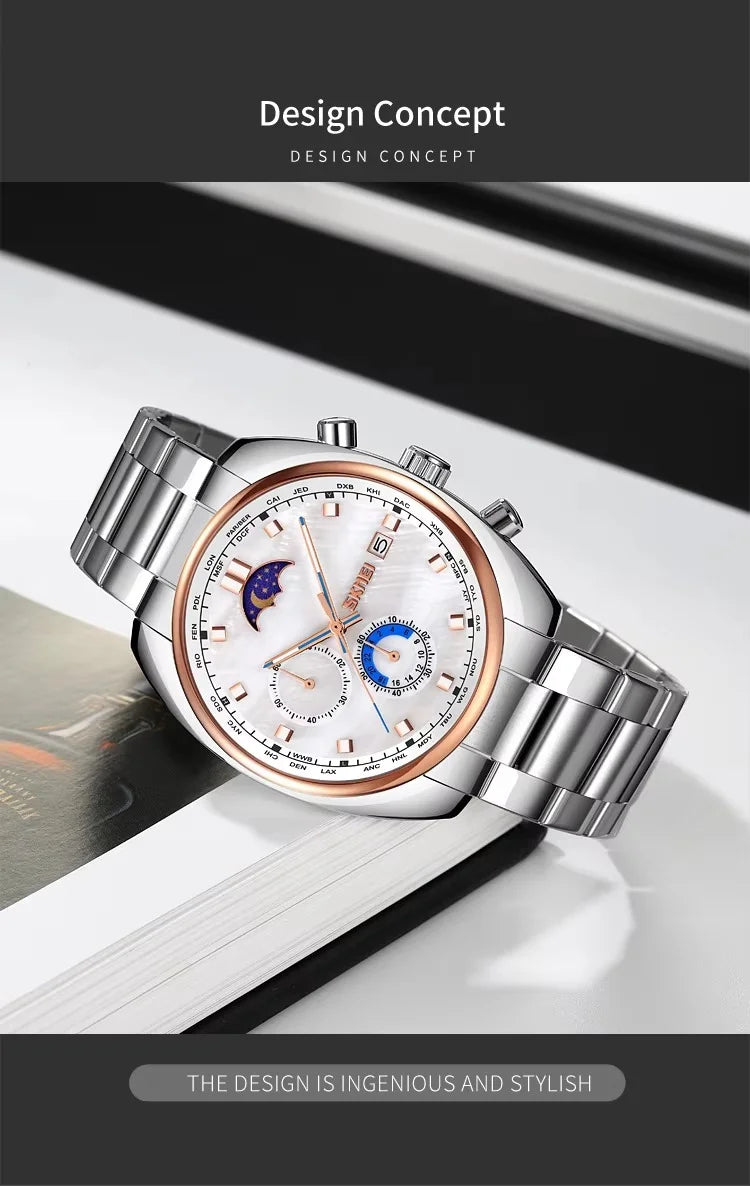 SKMEI - 9325 - Quartz Luxury Moon Phase Chrono Watch - RoseGold/White image 7