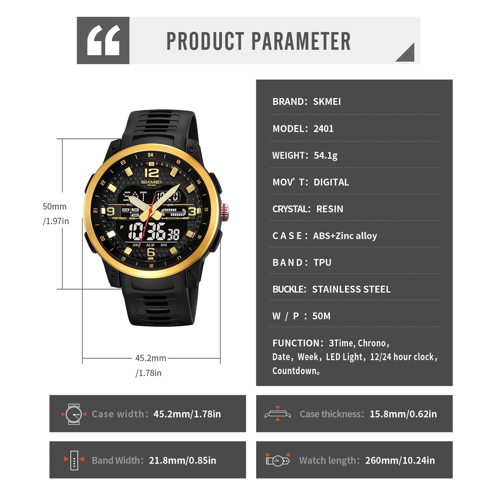 SKMEI - 2401 - High Quality Luxury Watch - Gold image 5