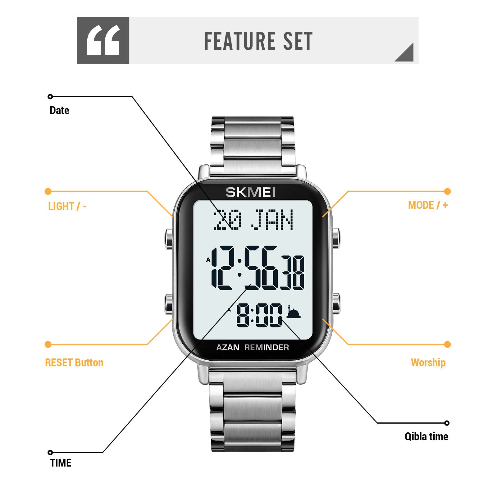 SKMEI - 2135 - Qibla Azan Time Reminder Prayer Watch - silver image 4