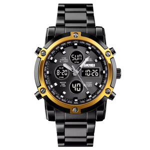 SKMEI 1389 Dual Time Analog Digital Stainless Steel Watch - Black/Gold-Black