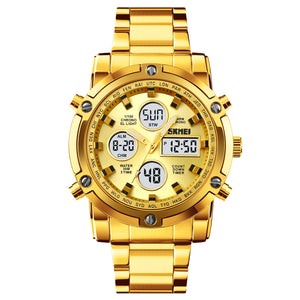 SKMEI 1389 Dual Time Analog Digital Stainless Steel Watch - Gold/Gold