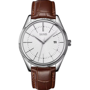Skmei - 9298 - Leather Strap Casual Analog Quartz Watch - Silver/Silver-Brown image 1