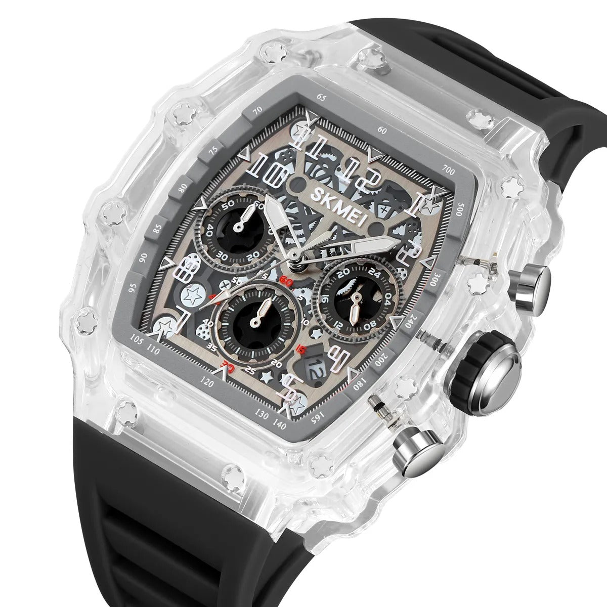 SKMEI 2305 Tonneau Skeleton Dial Chronograph Watch - White/Transparent-Black image 0