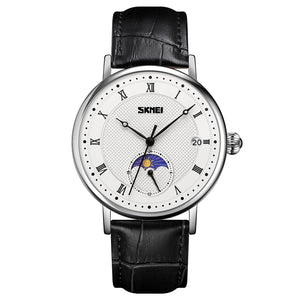 SKMEI 9308 Moon Phase Roman Leather Watch - silver/black image 0