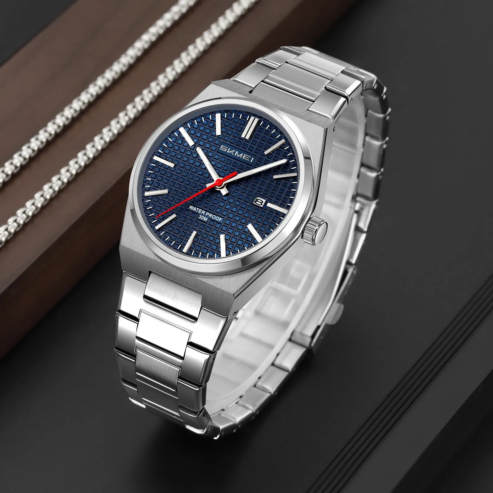 Skmei - 9396 - Premium Steel Analog Function Watch- silver-blue image 2