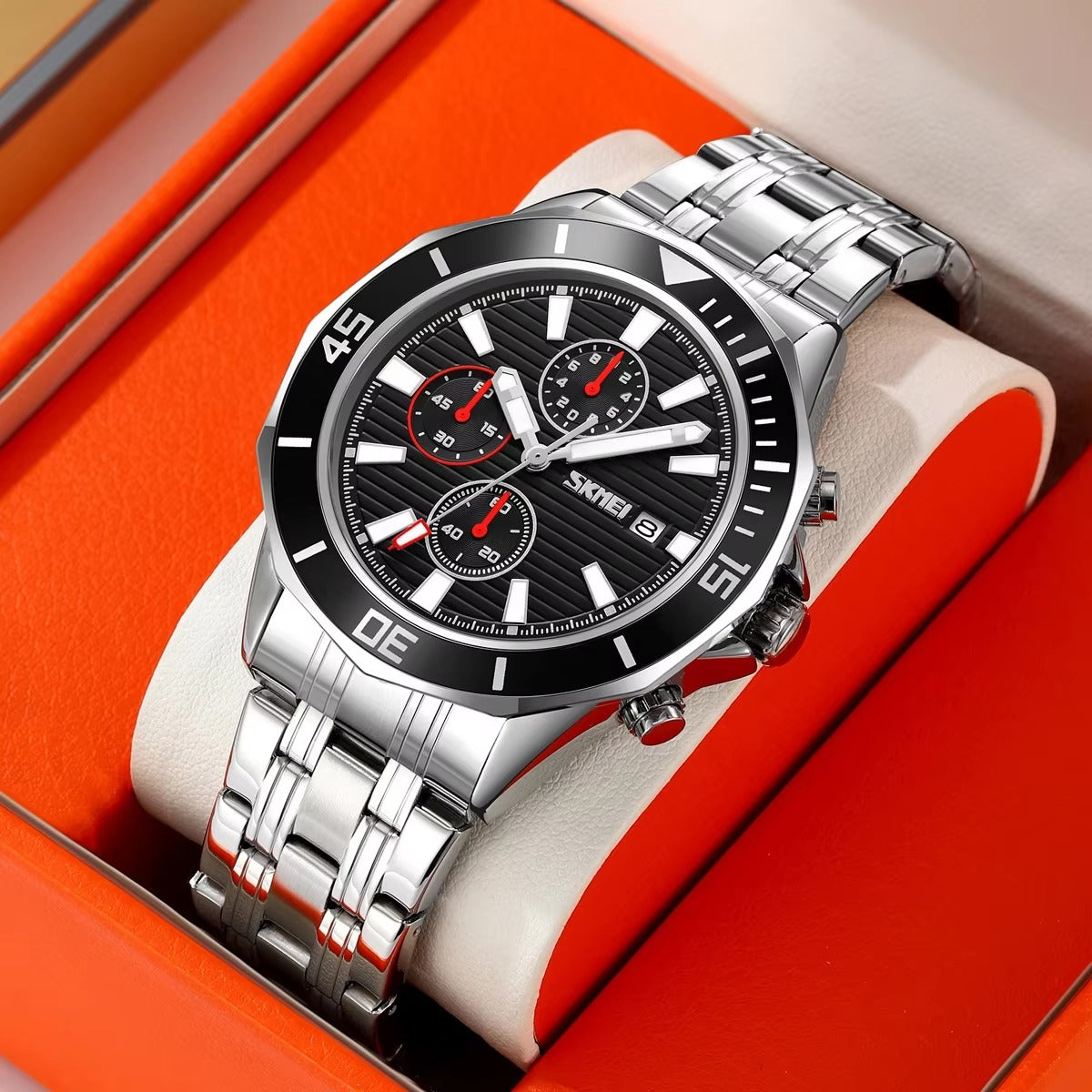 SKMEI - 9335 - Luxury Quartz Chronograph Stainless Steel Watch - silver/black image 1