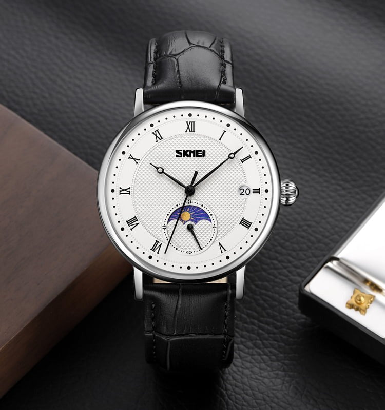 SKMEI 9308 Moon Phase Roman Leather Watch - silver/black image 2