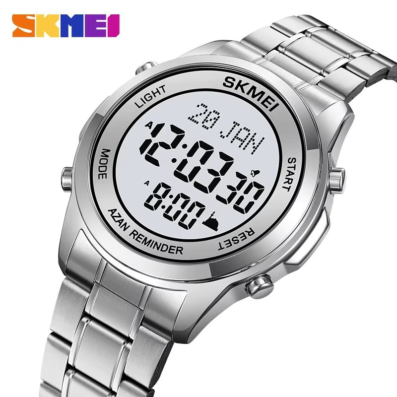 SKMEI - 2097 - Qibla Azan Time Reminder Prayer Watch - silver/white image 1