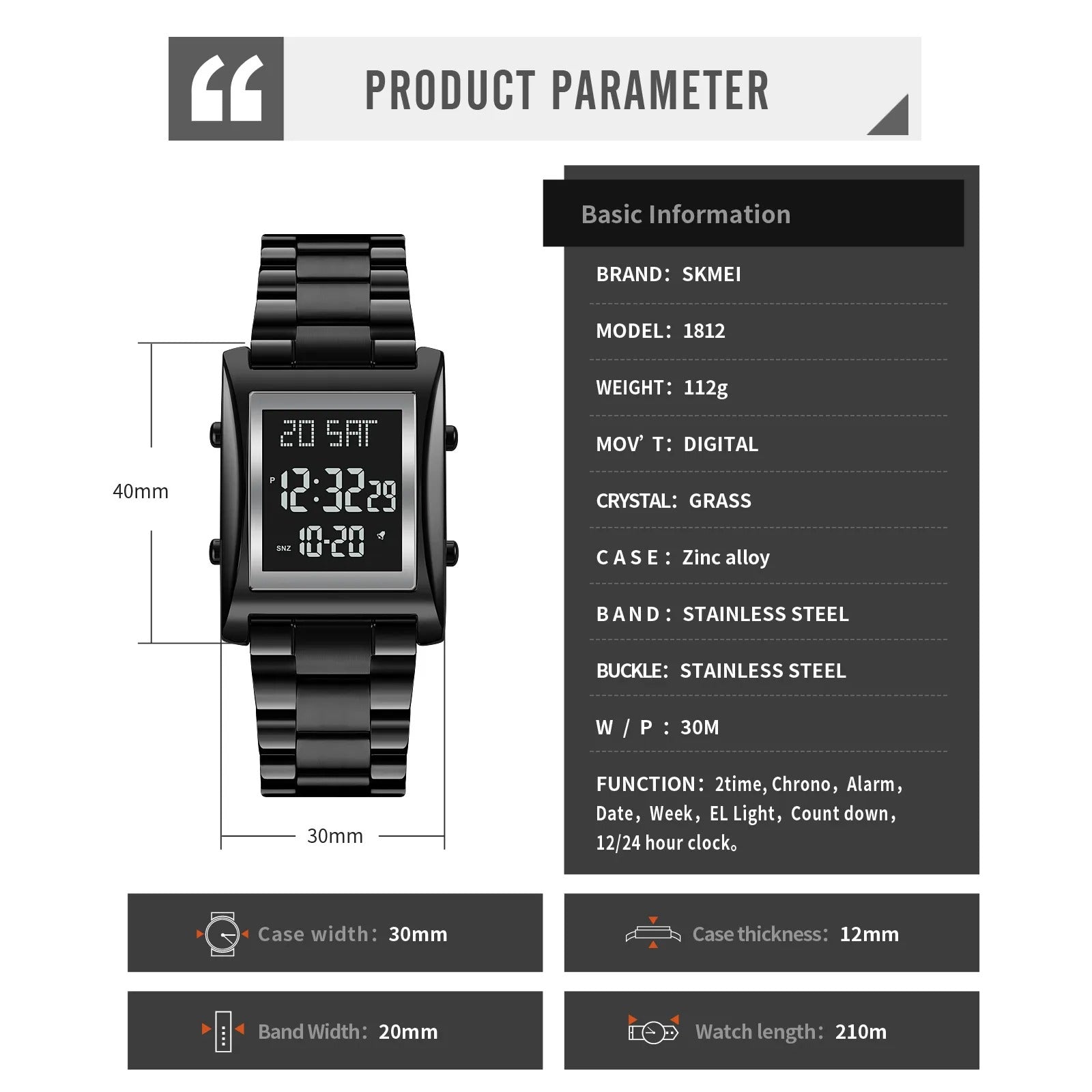 SKMEI 1812 Compact Square Digital Watch - Black/black image 3