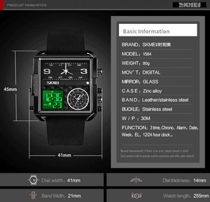 Skmei - 1584(strap) - Sports Quartz Waterproof Tiple time - Black/Black-Leather image 1