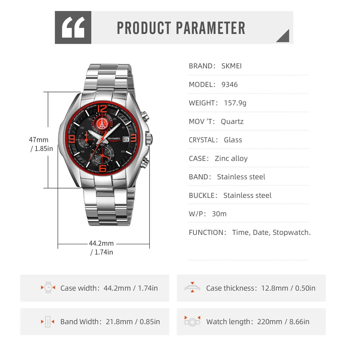 SKMEI - 9346 - Sport Chronograph Quartz Stainless Steel Watch - red image 6