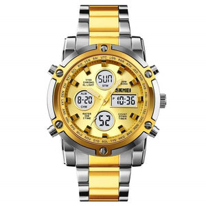 SKMEI 1389 Dual Time Analog Digital Stainless Steel Watch - Silver/Gold-Gold