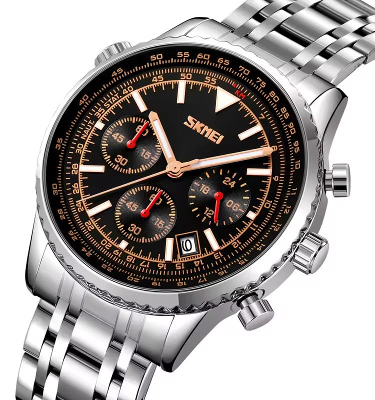 SKMEI 9333 Analog Chronograph Stainless Steel Watch - Silver/Black image 1