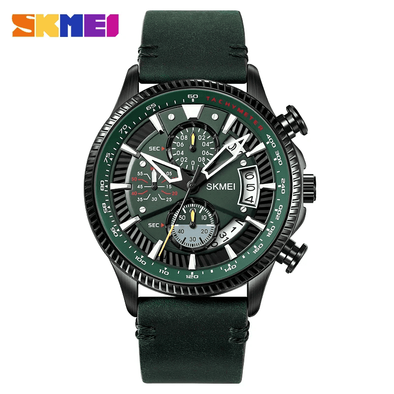 Skmei - 2059 - Three Dial Quartz Watch Leather Strap 30 Meter Waterproof - Green image 0