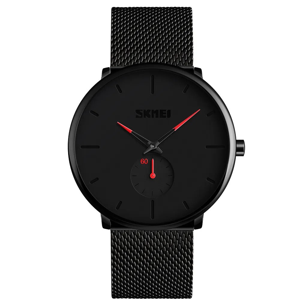 SKMEI - 9185 - Ultra Minimal Black Mesh Wristwatch - red image 1