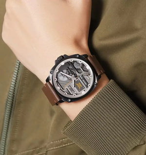 SKMEI 2289 Skeleton Dial Leather Strap Watch- Black/LightBrown image 3