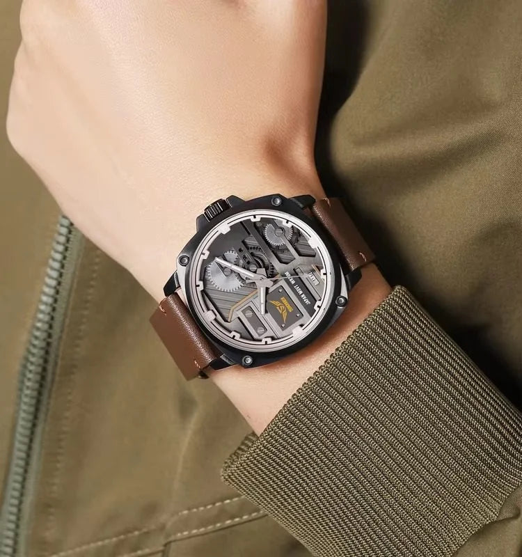 SKMEI 2289 Skeleton Dial Leather Strap Watch- Black/LightBrown image 3