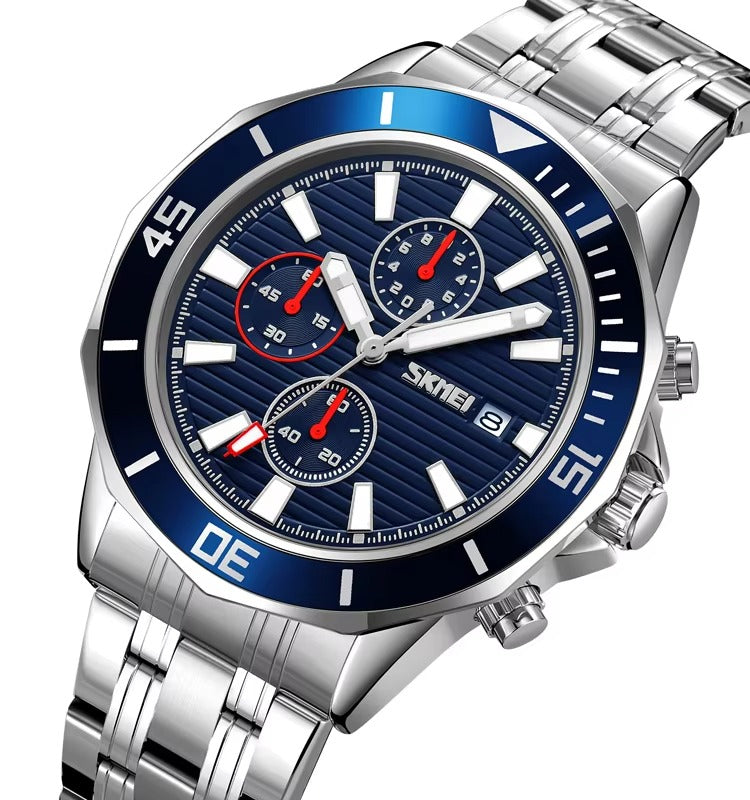 SKMEI - 9335 - Luxury Quartz Chronograph Stainless Steel Watch - silver/blue image 1