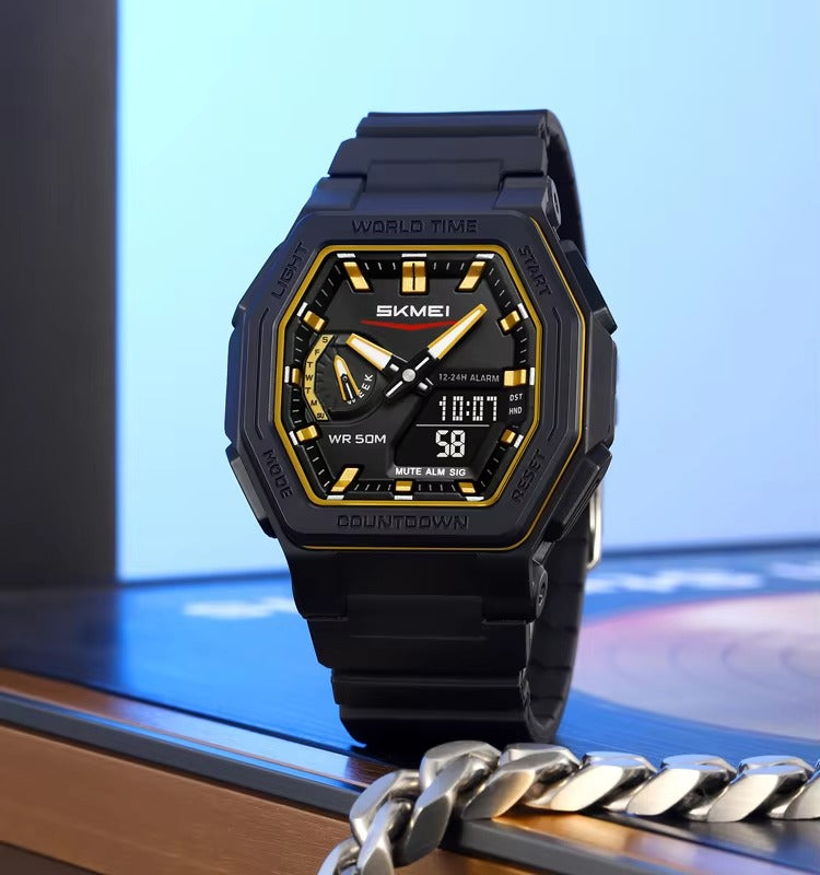 SKMEI - 2438 - Dual Sports Watch Multiple Time Zone - Black/Gold image 3