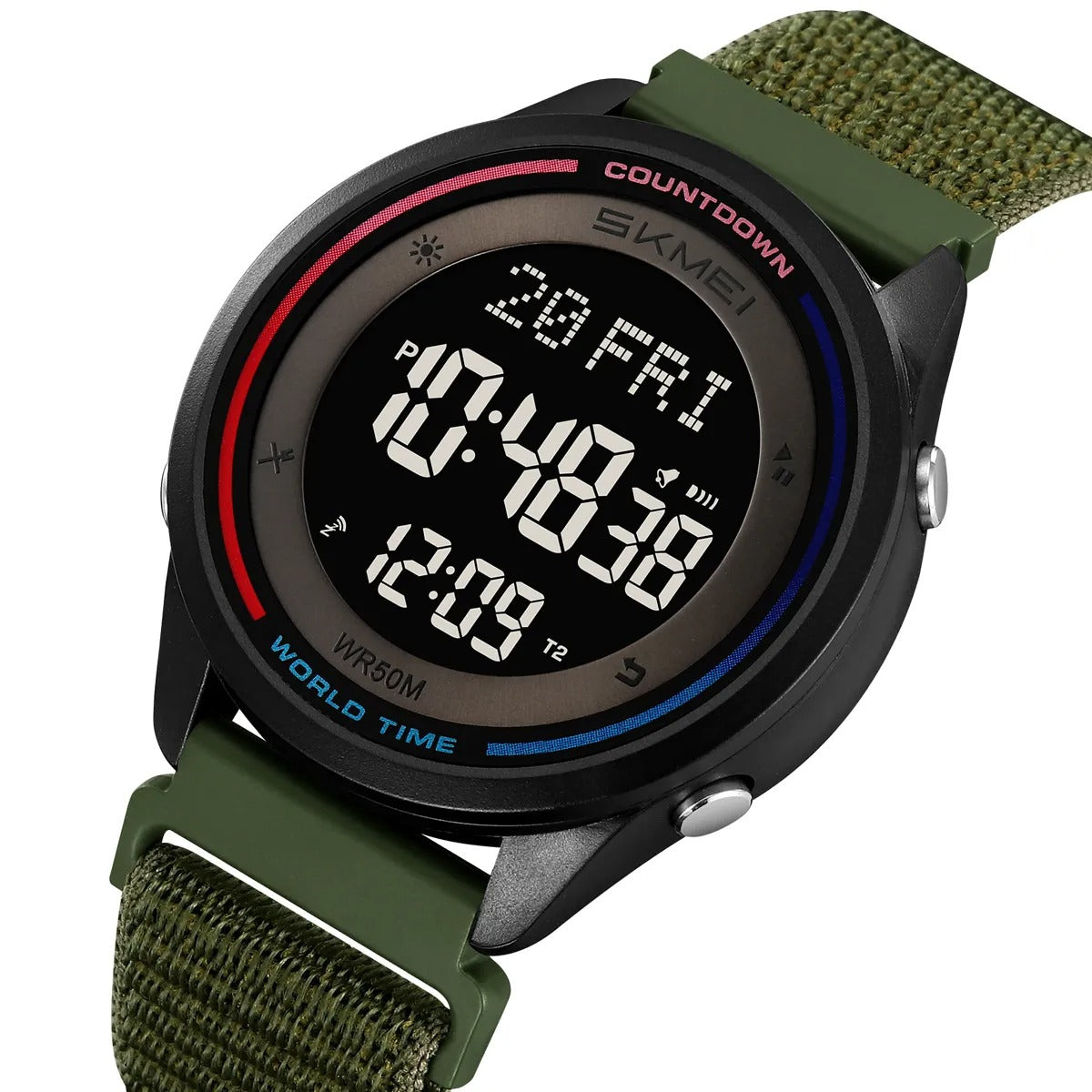 SKMEI 2412 Digital Countdown World Time Sports Watch - armygreen/nylon image 0