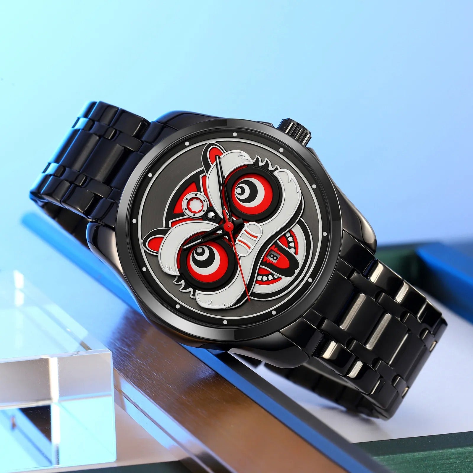 Skmei – 9386 – Lion Dance Carved Dial Quartz Watch – Black image 1