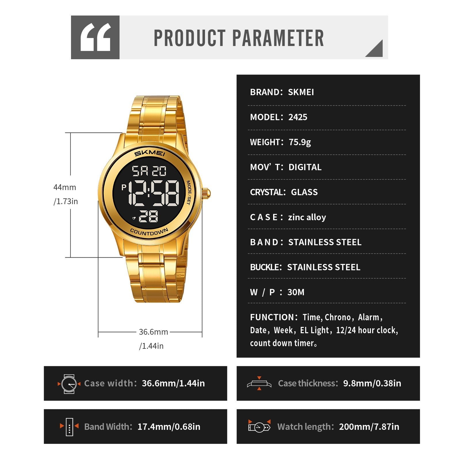 SKMEI 2425 Round Digital Countdown Watch - gold-black image 3