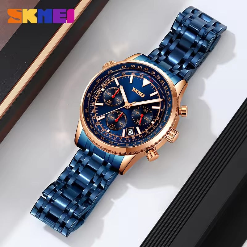 SKMEI 9333 Analog Chronograph Stainless Steel Watch - RoseGold/Blue image 0