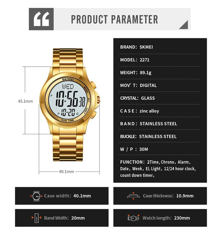Skmei - 2271 - Digital Dual Time Men's Stainless Steel Watch - gold image 3