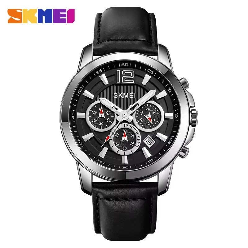 SKMEI - 1989 - Chronograph High Quality Leather Watch - Silver/Black image 0