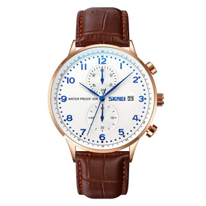 Skmei - 9301 - Classic Leather Chronograph Watch - Rosegold/Silver/Blue image 0
