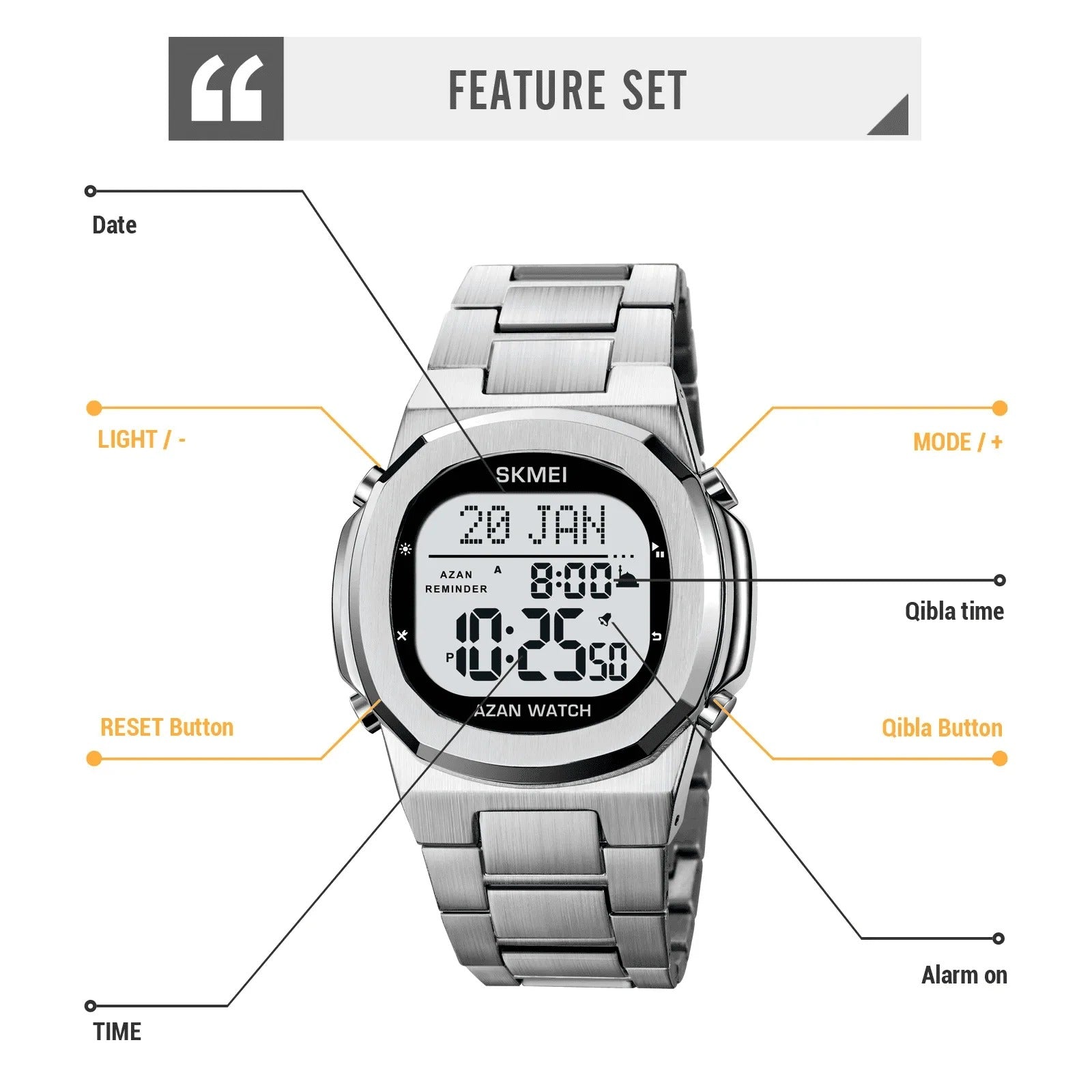 SKMEI - 2036 - Qibla Azan Time Reminder Prayer Watch - silver/white image 3