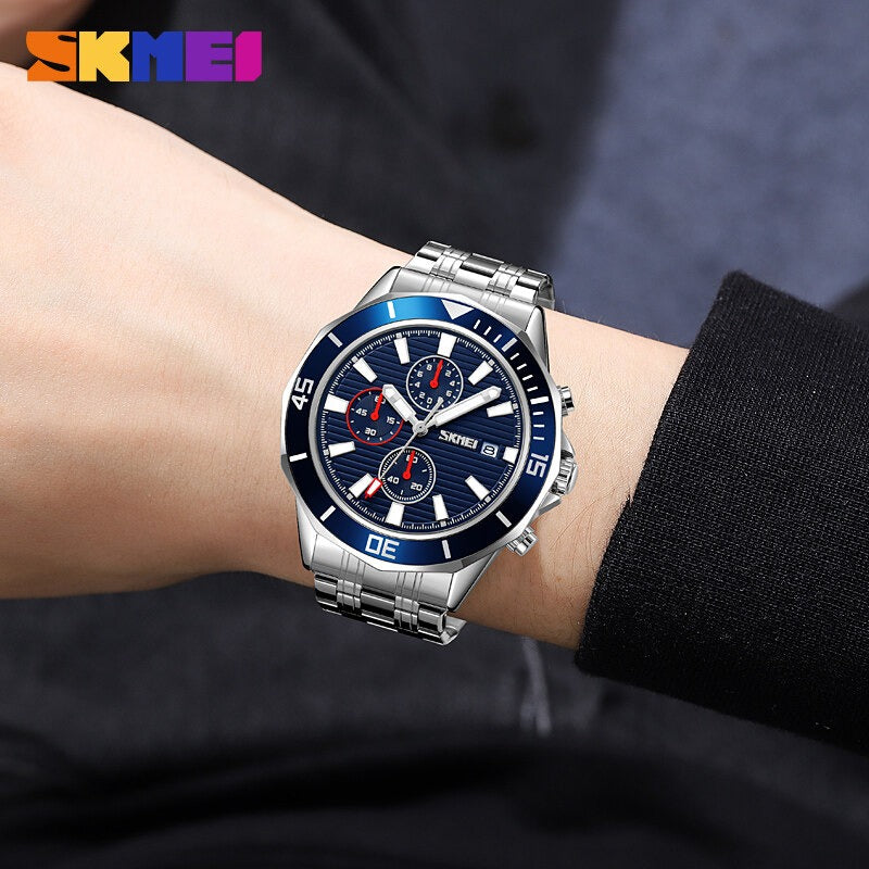 SKMEI - 9335 - Luxury Quartz Chronograph Stainless Steel Watch - silver/blue image 2