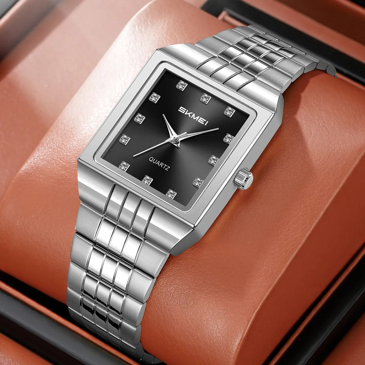 SKMEI 2619 Square Analog Diamond Dial Watch - silver/black image 1