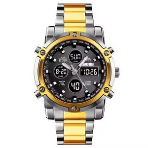 SKMEI 1389 Dual Time Analog Digital Stainless Steel Watch - Silver/Gold-Black