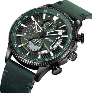 Skmei - 2059 - Three Dial Quartz Watch Leather Strap 30 Meter Waterproof - Green image 3