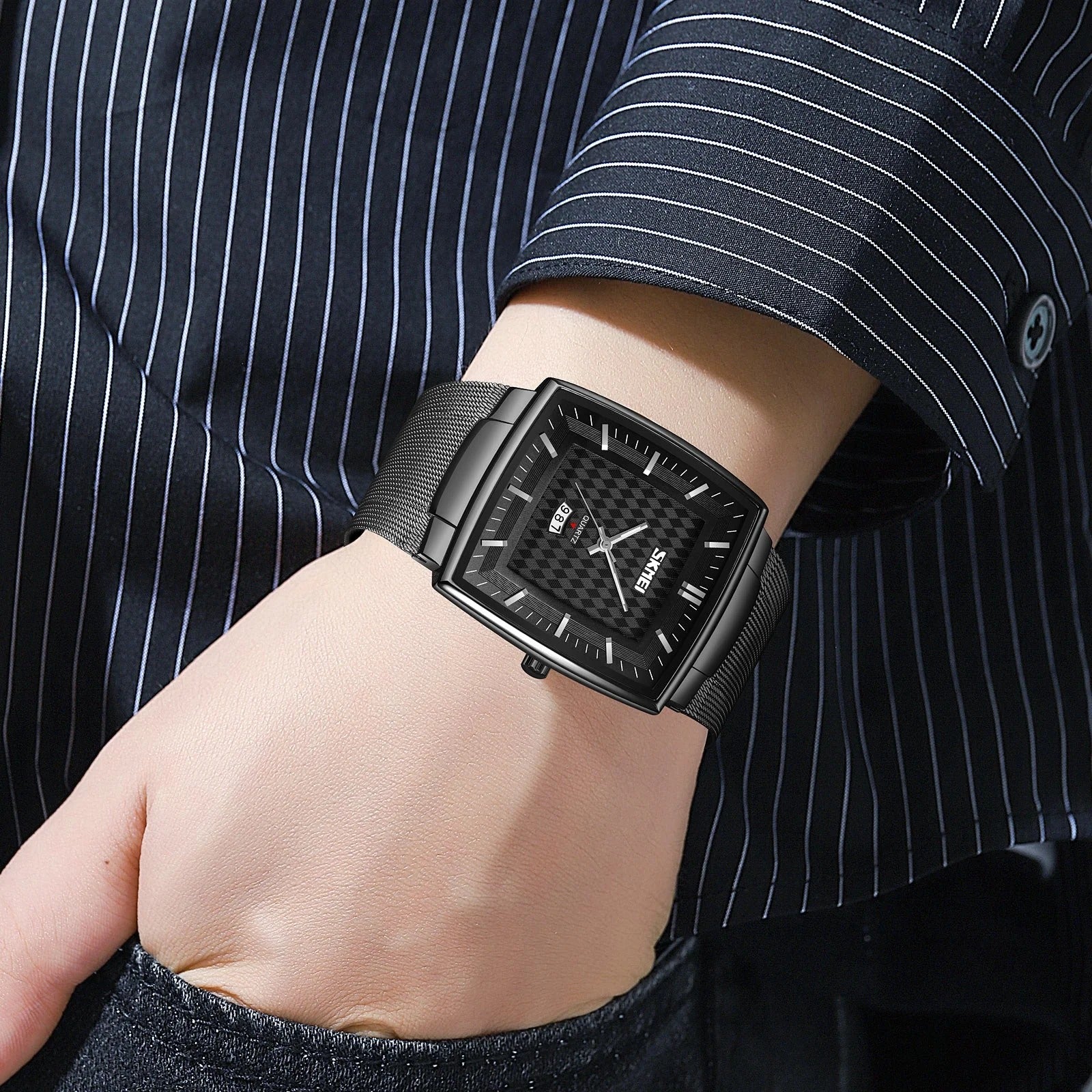 SKMEI - 9311 - Elegant Square Quartz Mesh Edition Watch - black/black image 3