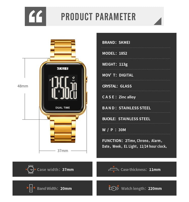 SKMEI - 1852 - Digital Countdown Electronic Movement - gold image 4