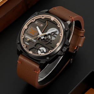 SKMEI 2289 Skeleton Dial Leather Strap Watch - black/darkbrown image 1