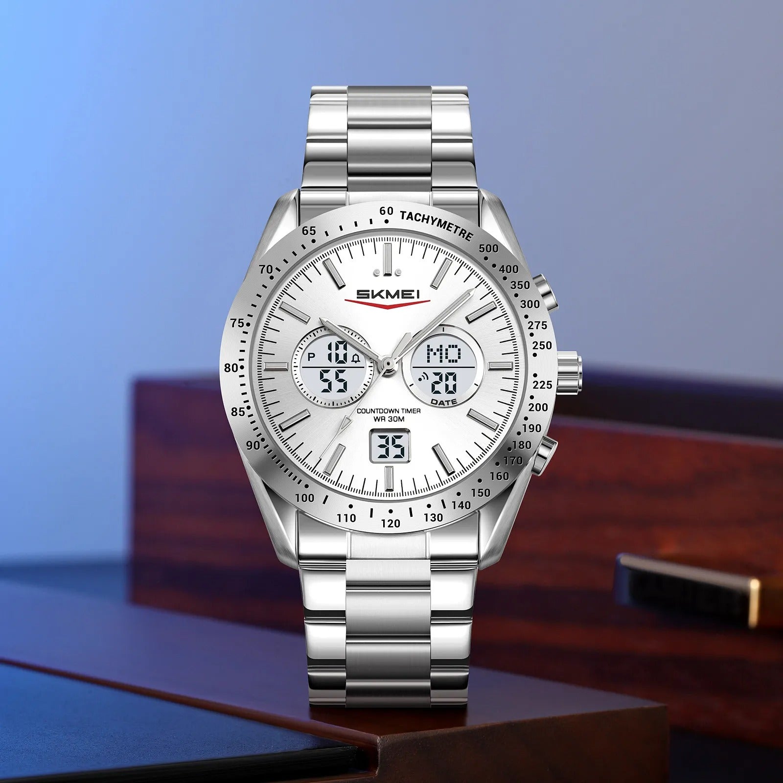 SKMEI 2503 Digital Tachymetre Countdown Timer Watch - silver/silver/white/steel image 1