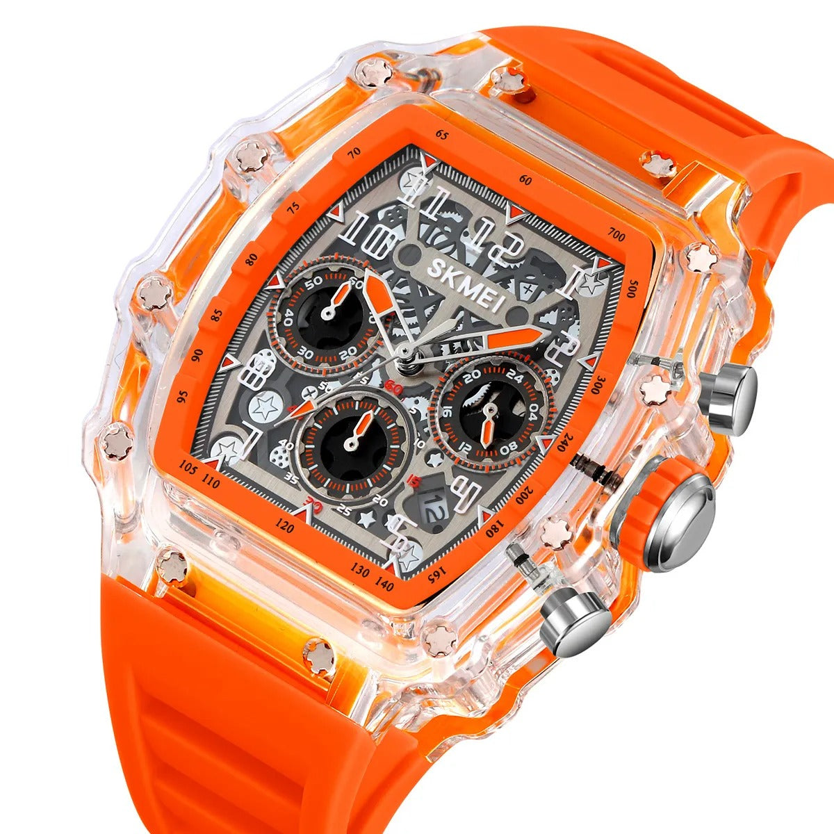 SKMEI 2305 Tonneau Skeleton Dial Chronograph Watch - White/Transparent-Orange image 0