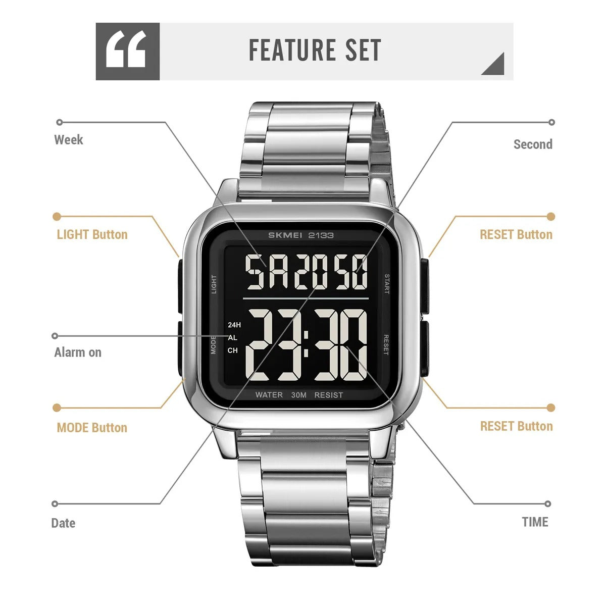 SKMEI 2133 Square Digital Stainless Steel Sports Watch - silver image 2