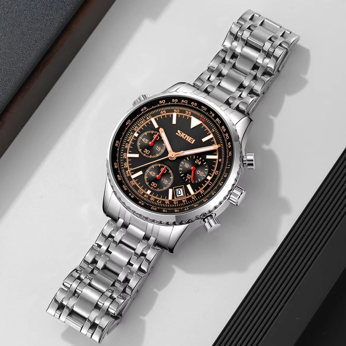 SKMEI 9333 Analog Chronograph Stainless Steel Watch - Silver/Black image 2