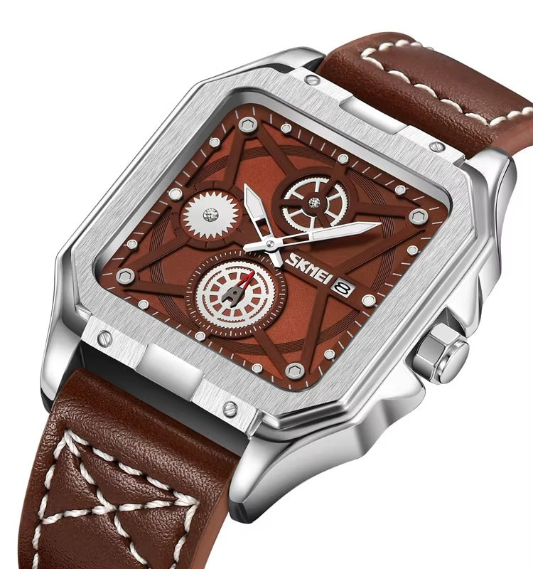 SKMEI - 9330 - Premium Down Second Square Dial Watch - silver/brown image 1