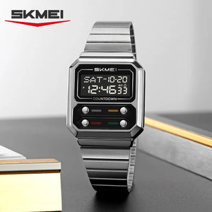 SKMEI 2448 Vintage Square Digital Stainless Steel Watch - silver-black image 3