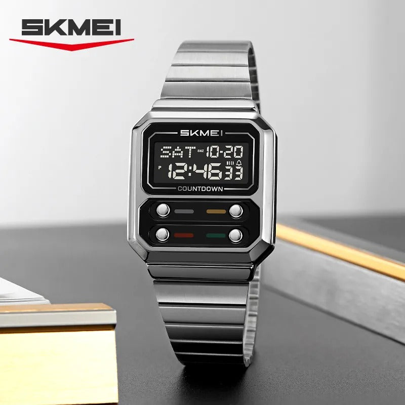 SKMEI 2448 Vintage Square Digital Stainless Steel Watch - silver-black image 3