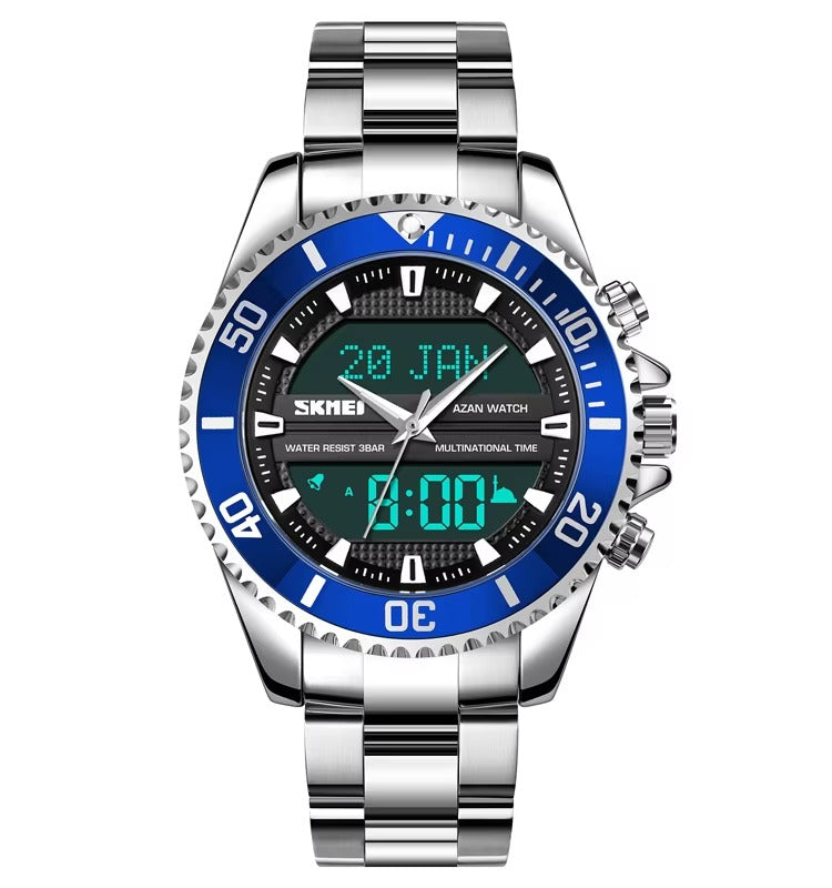 SKMEI - 1896 - Qibla Azan Time Reminder Prayer Watch - silver/blue image 3