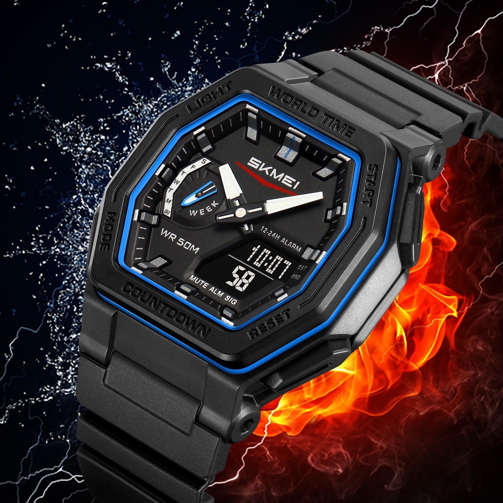SKMEI - 2438 - Dual Sports Watch Multiple Time Zone - Black/Blue image 2