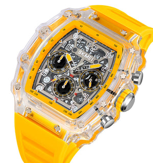SKMEI 2305 Tonneau Skeleton Dial Chronograph Watch - White/Transparent-Yellow